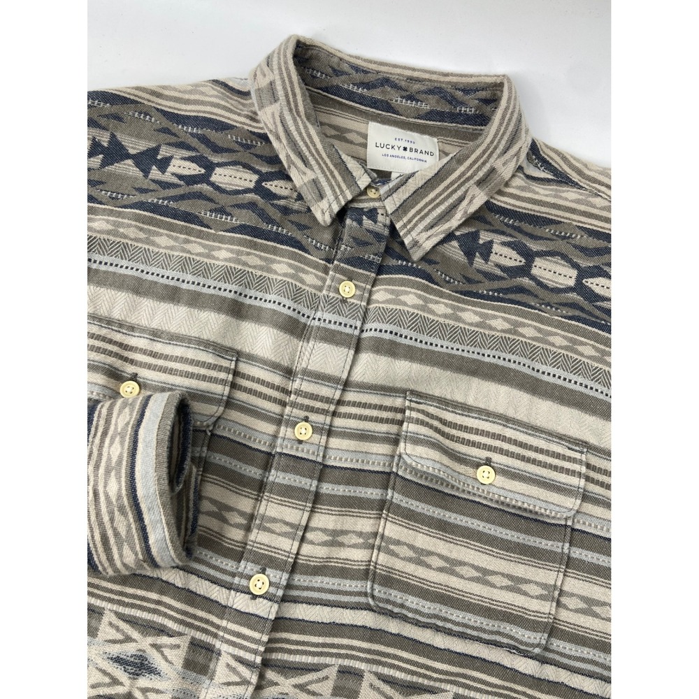 Lucky Brand Shirt Mens Large Gray Aztec Southwestern Tribal Western Casual Light